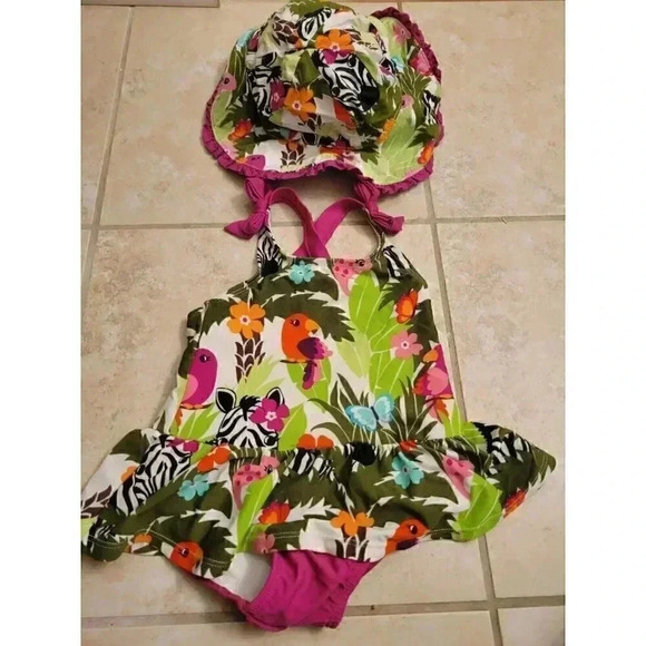 Gymboree Other - Gymboree Infant Girl One Piece Swimsuit  Jungle Theme Bows Skirt With Hat
